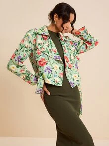 LOTSLUV Women's Mint Green Cropped Drop Shoulder Jacket, Allover Floral Print, Lapel Collar, Zip Front, Western 70's Elegant Autumn Daytime Night Out Party - Multicolor - View 7
