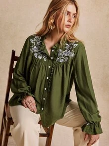Écloséra Curve Plus Floral Embroidery Frill Trim Flounce Sleeve Blouse - Green - View 3