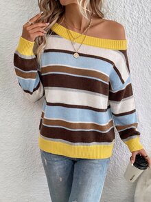 SHEIN LUNE Suéter con hombros caídos y estampado de rayas - Multicolor - Ver 4