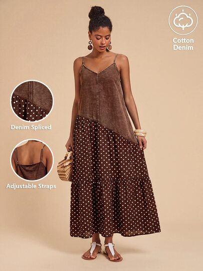 Travachic Women's Casual Brown Polka Dot Long Summer Dress, Vacation Beach Denim Patchwork Maxi Dress For Women, Fall Country Outfits