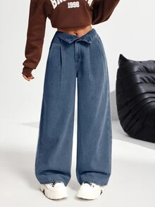 SHEIN PETITE 女款高腰雙腰帶寬腿牛仔褲 藍色 - 中等水洗藍 - 查看 1