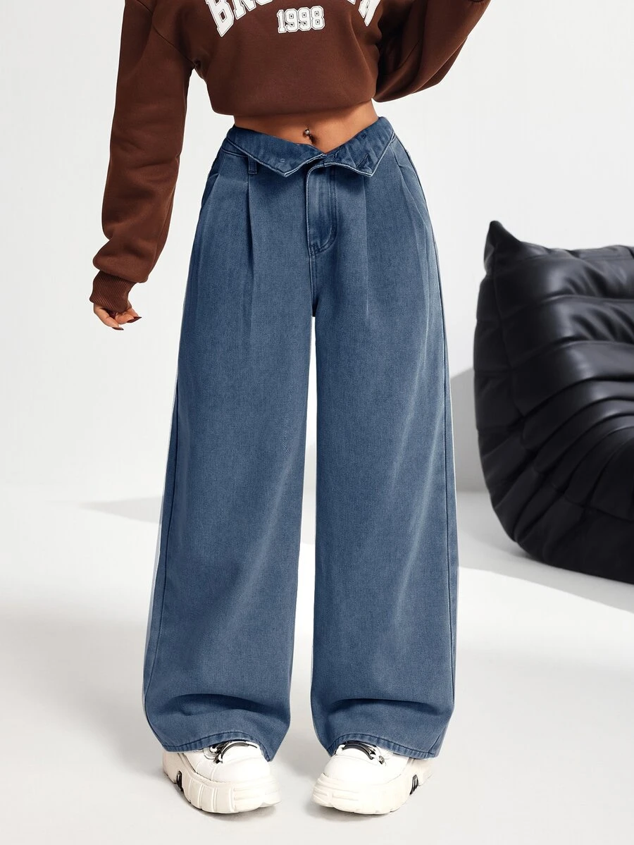 SHEIN PETITE 女款高腰雙腰帶寬腿牛仔褲 藍色 - 中等水洗藍 - 查看 1
