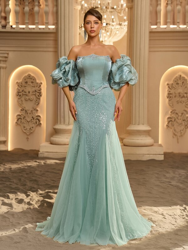 Glamrae Elegant Luxury Organza Asymmetrical Neckline Strapless Heavy Hand-Crafted Sequins Contrast Mesh Sequin Embroidery Sheer Mesh Insert Bodycon Mermaid Hem Evening Gown For Women, Suitable For Festivals, Celebrations, Weddings, Balls, Concerts, Business Guest Banquets, Internet Celebrity Events