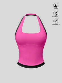 SHEIN Sweetro Colorblock Patchwork Backless Halter Neck Sports Tank Top - Hot Pink - View 1