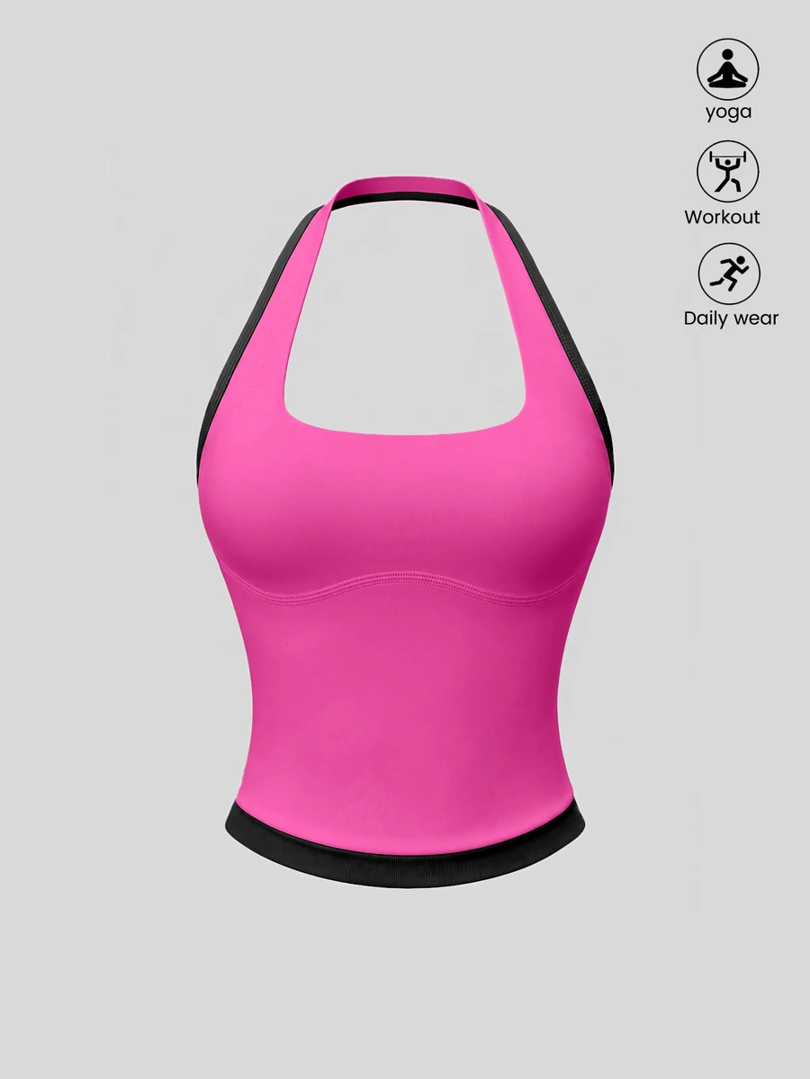 SHEIN Sweetro Colorblock Patchwork Backless Halter Neck Sports Tank Top - Hot Pink - View 1