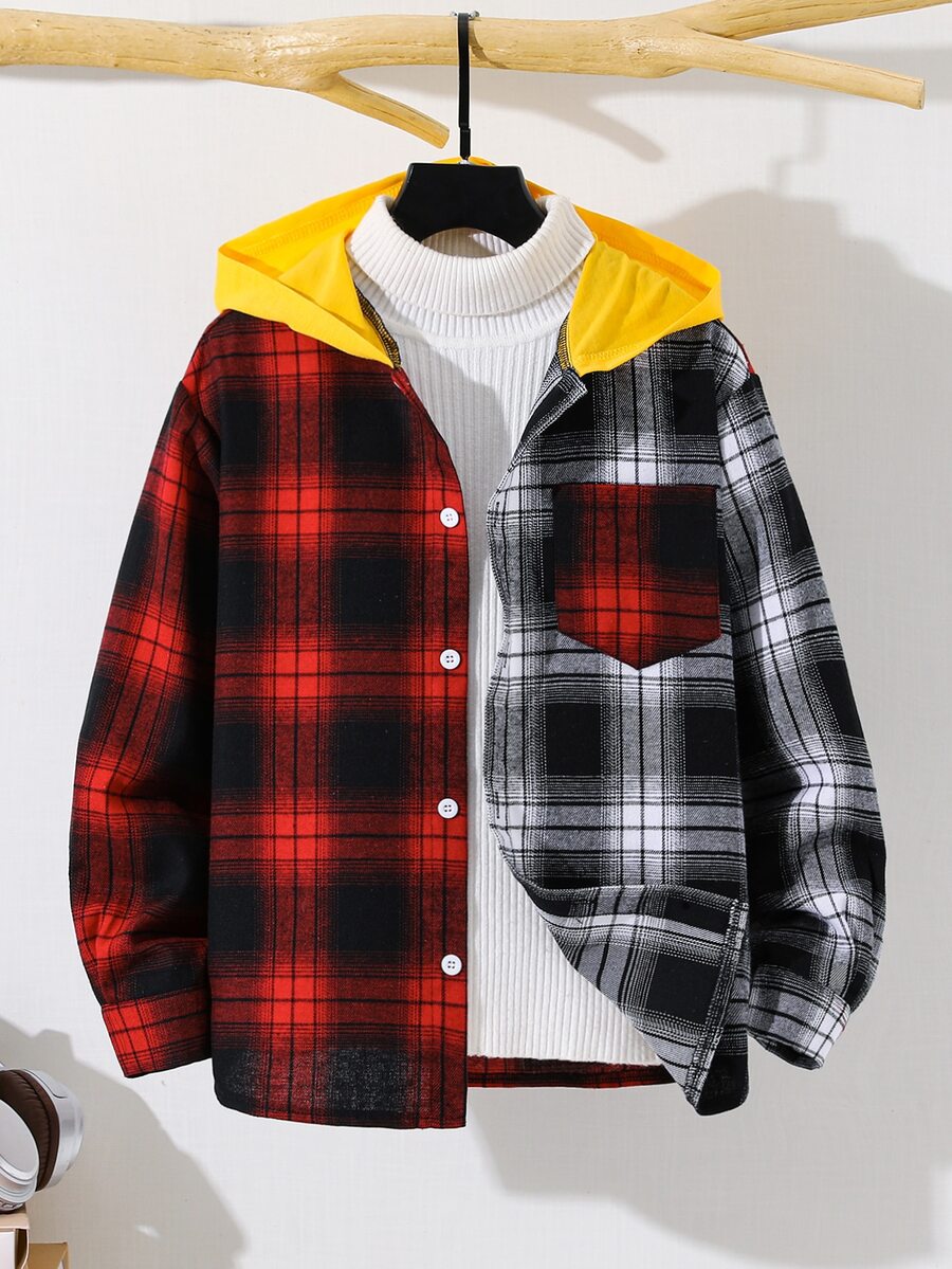SHEIN 兒童青少年男孩休閒柔軟舒適紅色格紋長袖連帽襯衫,基礎上衣,適合秋季、聖誕節、萬聖節、學校、家庭聚會、度假、派對,秋季穿搭,冬季穿搭 - 彩色 - 查看 1