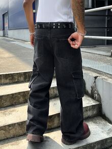 Manfinity EMRG Men Flap Pocket Side Cargo Jeans Without Belt - Dark Grey - View 2