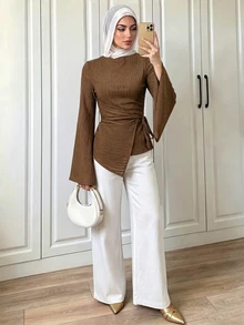 Elenzga Mock Neck Asymmetrical Hem Tee - Brown - View 1
