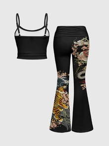 ROMWE Avant Tiger Chinese Dragon Print Cami Top & Flare Leg Pants Set - Black - View 2