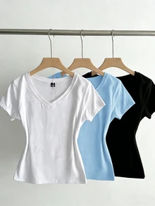 SHEIN EZwear 3 قطع تي شيرت بياقة V وأكمام قصيرة بلون موحد - متعدد الألوان - مشاهدة 3