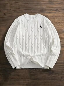 SWAVVY Men's Casual Loose Knit Long Sleeve Sweater, Fashionable Daily Wear, Cable Knit - White - View 1