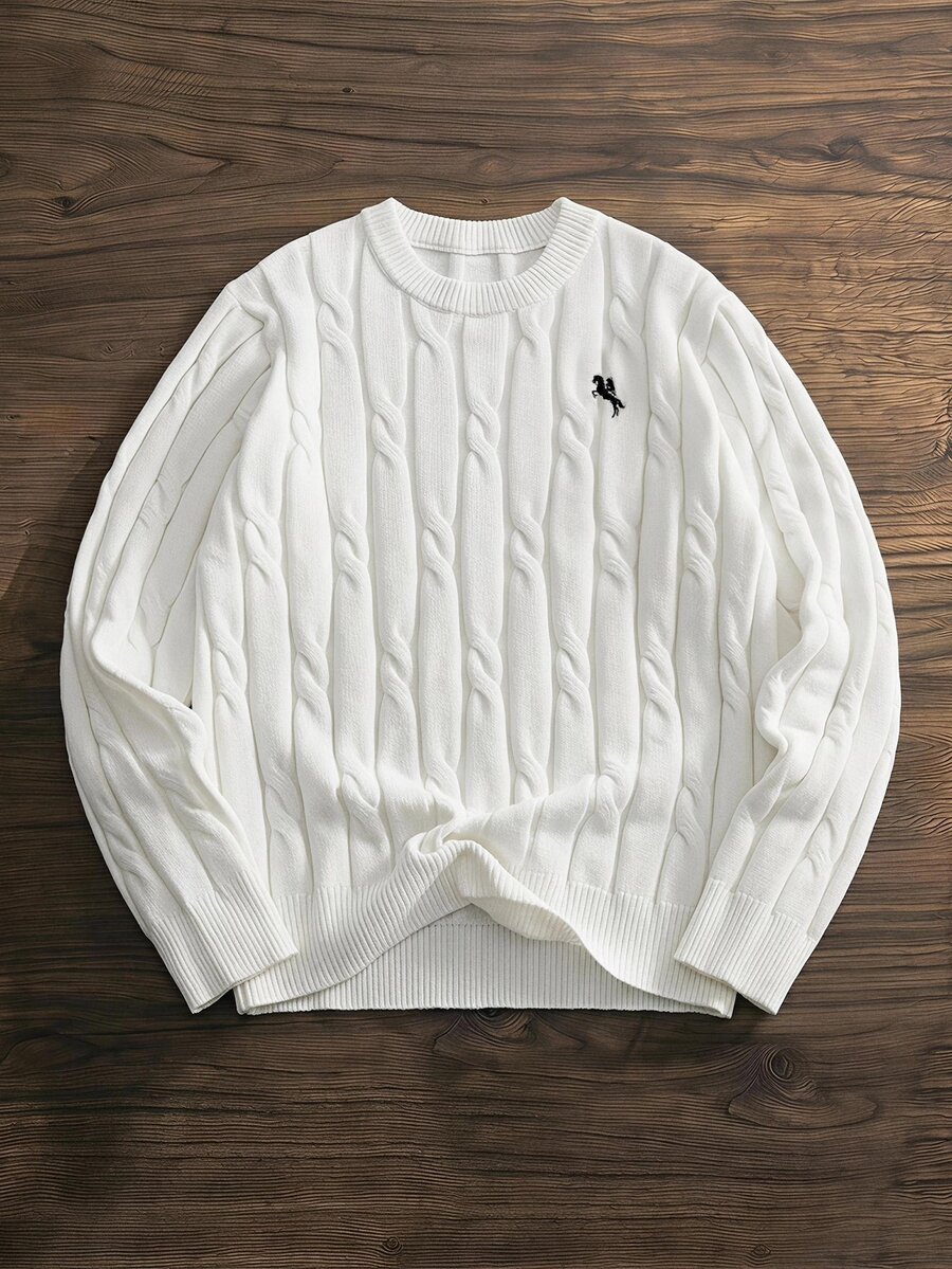 SWAVVY Men's Casual Loose Knit Long Sleeve Sweater, Fashionable Daily Wear, Cable Knit - White - View 1