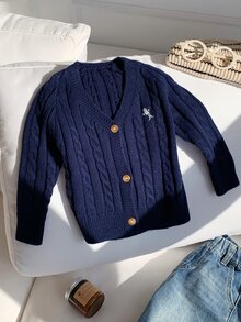 SHEIN 男嬰刺繡細節麻花針織秋冬開襟衫（不含襯衫） - 藏蓝色 - 查看 4