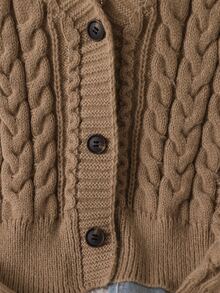 SHEIN Tween Girl Solid Drop Shoulder Cable Knit Cardigan - Brown - View 5