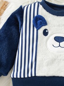 SHEIN 2pcs Newborn Baby Sweatshirt Pants Cute Navy White Bear Face Striped Fuzzy Patchwork Long Sleeve Round Neck Thick Outdoor Fall Jogging Cozy Two-Piece - Navy Blue - View 6