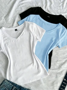 SHEIN EZwear 3 قطع تي شيرت بياقة V وأكمام قصيرة بلون موحد - متعدد الألوان - مشاهدة 4
