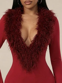 Glyssa Fuzzy Trim Unitard Jumpsuit - Burgundy - View 3
