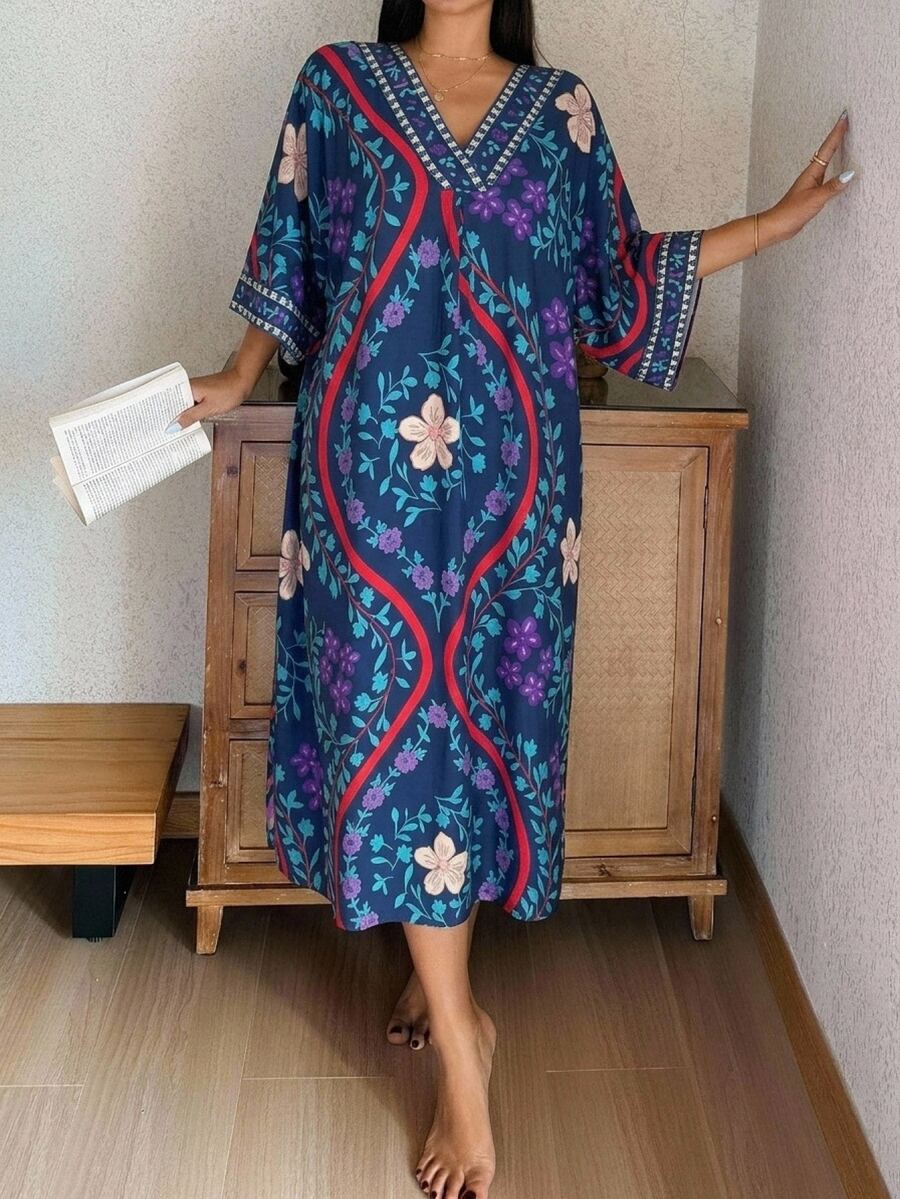 DAZY Floral Print Batwing Sleeve Sleep Dress - Purple - View 1