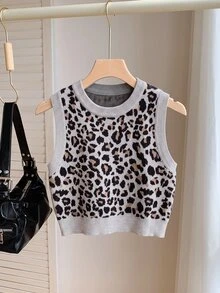 Comfortcana Women Knit Tops Travel Grey Leopard Print Retro - Grey - View 3