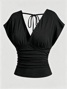 Olithes Summer Dark Brown V-Neck Backless Tie Waist Ruched Short Sleeve Elegant Cropped Plus Size Women's Top - Black - View 3