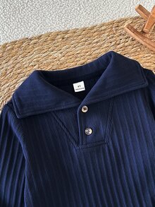 SHEIN 男童春秋深藍色羅紋領長袖襯衫，紳士簡約百搭舒適休閒款，適合室內/戶外活動及多種場合 - 藏蓝色 - 查看 7