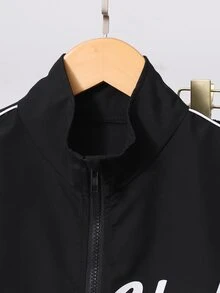 SHEIN 2pcs/Set Tween Boys Casual Streetwear Slogan Print Patchwork Long Sleeve Zip-Up Cardigan Jacket And Pants Set, Suitable For Spring/Autumn Daily Casual Wear, Suitable For Autumn/Winter Children's Outfit, Comfortable Fabric, Fashionable Fit, Spring/Summer New Style, Suitable For Multiple Seasons And Occasions - Black - View 4
