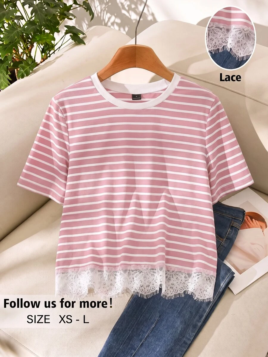 Story & Sage 女款 Brunch 粉色與白色條紋 T-shirt - 粉色 - 查看 1