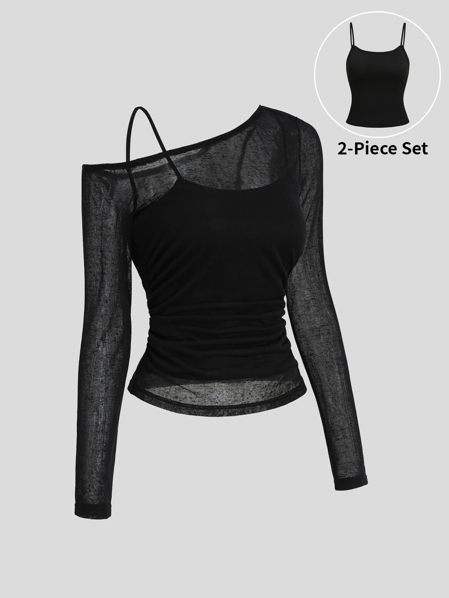 Sweetra 2pcs Asymmetrical Neck Sheer Mesh Top & Cami Top - Black - View 1
