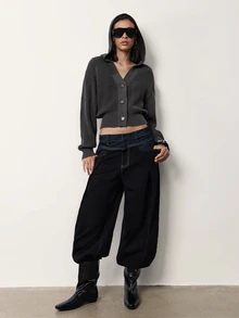 MERLEAU-F Solid Drop Shoulder Button Placket Hooded Crop Cardigan,Long Sleeve Tops For Women,Office Travel Vacation Casual,Work Autumn Sweaters Grey - Dark Grey - View 5