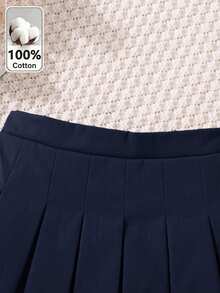 SHEIN 女童純色鬆緊腰百褶裙 - 彩色 - 查看 4