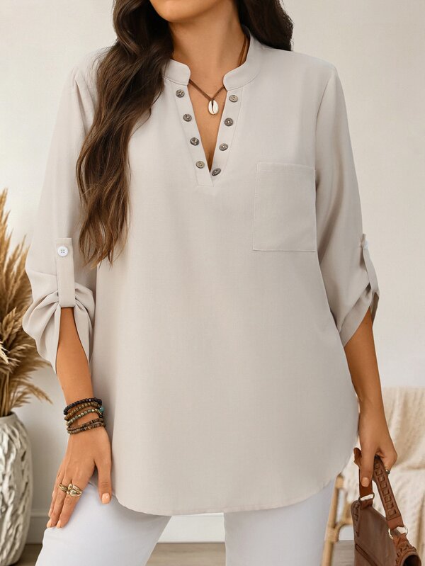 EMERY ROSE Plus Roll Tab Sleeve Patched Pocket Blouse