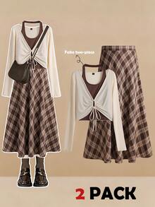 GlowEve CURVE Plus 1pc Colorblock 2 In 1 Tee & 1pc Plaid Print Skirt - Brown - View 1
