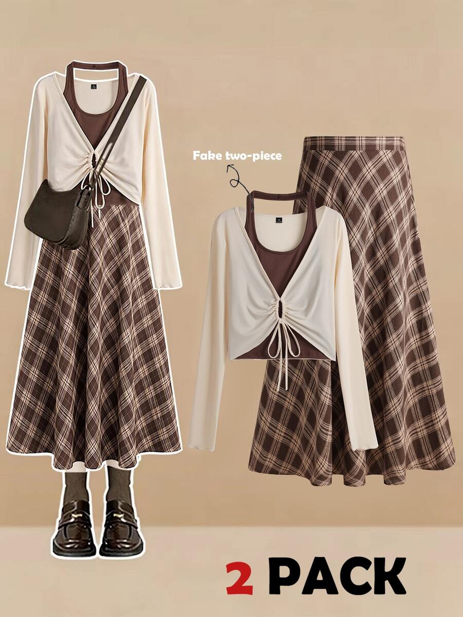 GlowEve CURVE Plus 1pc Colorblock 2 In 1 Tee & 1pc Plaid Print Skirt - Brown - View 1