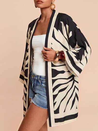 Travachic Tropical Plants Pattern Drop Shoulder Kimono Beach Outfits For Woman