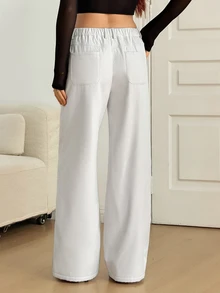 SHEIN Tall 純色斜口袋寬腿長褲 - 白色 - 查看 2