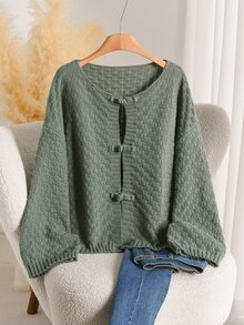 Elaquor Plus Size Autumn Casual Solid Color Frog Button Cardigan - Green - View 1