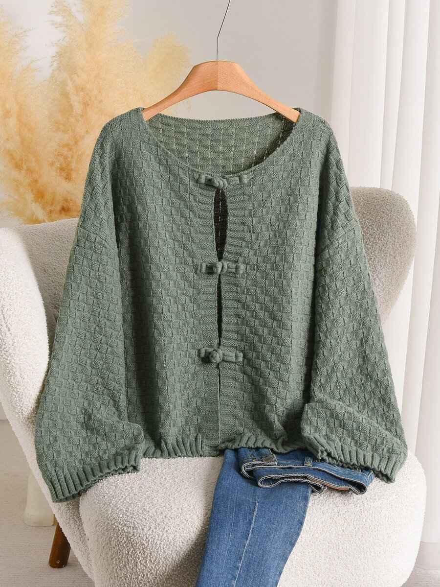 Elaquor Plus Size Autumn Casual Solid Color Frog Button Cardigan - Green - View 1