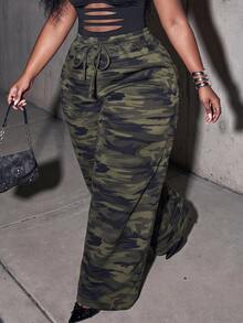 Slaydiva Plus Camo Print Drawstring Waist Wide Leg Pants - Army Green - View 2
