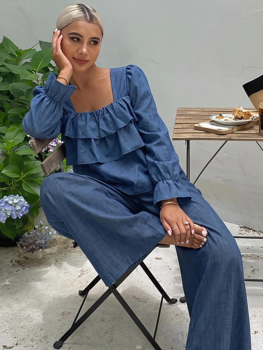 DAZY Ruffle Trim Flounce Sleeve Top & Wide Leg Pants - Navy Blue - View 1