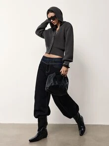 MERLEAU-F Solid Drop Shoulder Button Placket Hooded Crop Cardigan,Long Sleeve Tops For Women,Office Travel Vacation Casual,Work Autumn Sweaters Grey - Dark Grey - View 7