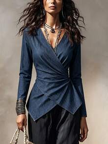 SHEIN Franclia Solid Wrap Asymmetrical Hem Blouse - Blue - View 4