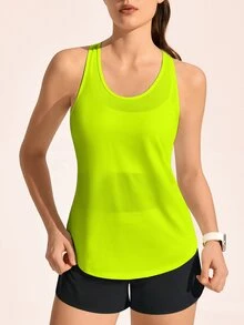 Exploreva Women Neon Lime Mesh Insert Outdoor Tank Top - Green - View 2