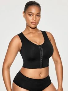 SHAPORA 1pc Plus Size Solid Color Front Button Shaping Top - Black - View 5