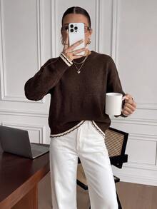 Muvela Contrast Trim Drop Shoulder Sweater Brunch Daily Brown And Cream Autumn Minimalist Casual - Brown - View 10