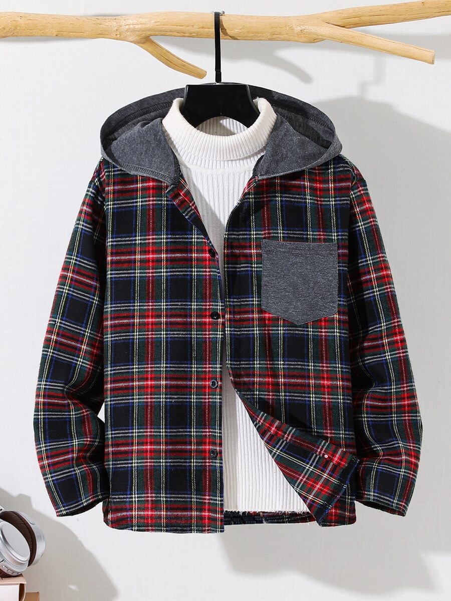 SHEIN 兒童青少年男孩休閒柔軟綠色格紋長袖連帽襯衫，基礎上衣，適合秋季、聖誕節、萬聖節、學校、家庭聚會、度假、派對，秋季穿搭，冬季穿搭