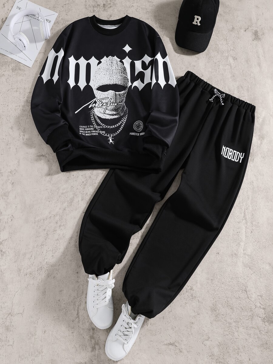 SHEIN Coolqubz 青少年男孩 2件組哥德字母與圖案印花運動衫與長褲套裝,青少年男孩純黑色秋冬運動服,秋季穿搭,秋季服飾 - 黑色 - 查看 1