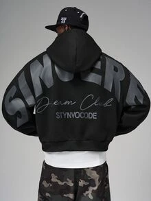 STYNVO Áo hoodie nam oversize họa tiết chữ, vai trễ, kiểu chui đầu phong cách streetwear - màu đen - Xem 1