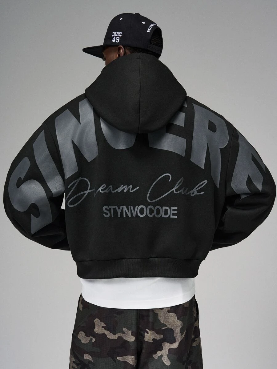 STYNVO Áo hoodie nam oversize họa tiết chữ, vai trễ, kiểu chui đầu phong cách streetwear - màu đen - Xem 1