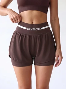 SHEIN Sports Letter Graphic 2 In 1 Sports Shorts - Brown - View 3