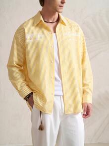 TONEVAULT Men Striped & Letter Graphic Drop Shoulder Shirt - Yellow - View 1